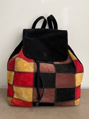 Vintage Barneys New York Made in Italy Suede Patchwork Drawstring Backpack Bag